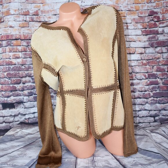 Carducci Sz Medi Leather Suede Jacket Crochet Patchwork Button Tan Boho Cowgirl - Picture 2 of 12